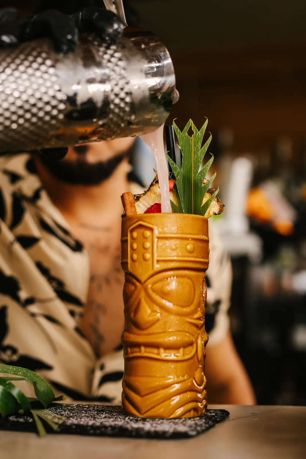 Tiki cocktail in the chill out lounge at the beach club in Marbella