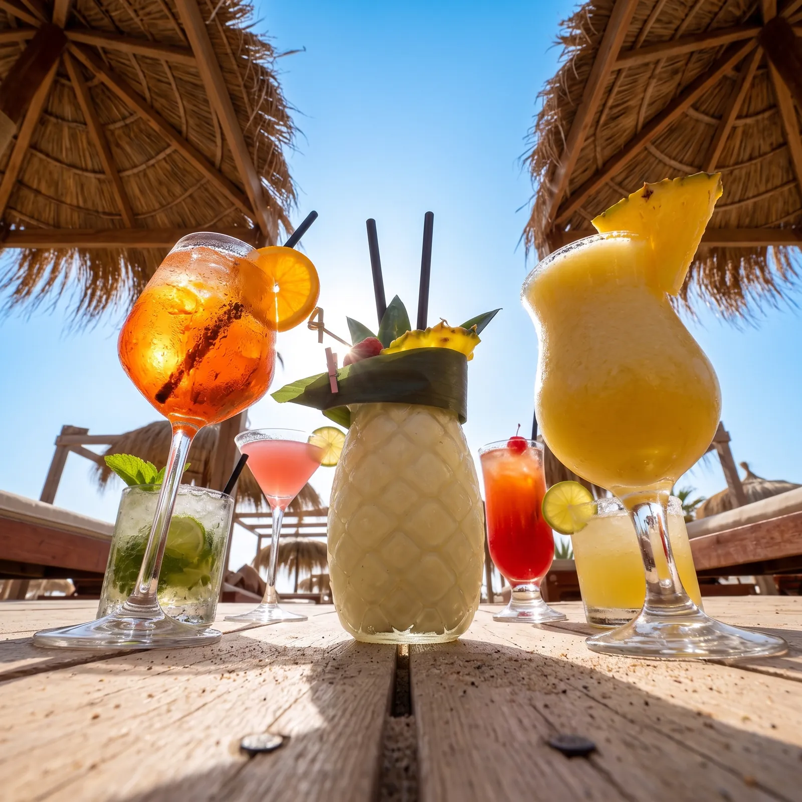 Cocktails under blue skies at the beach club in Marbella