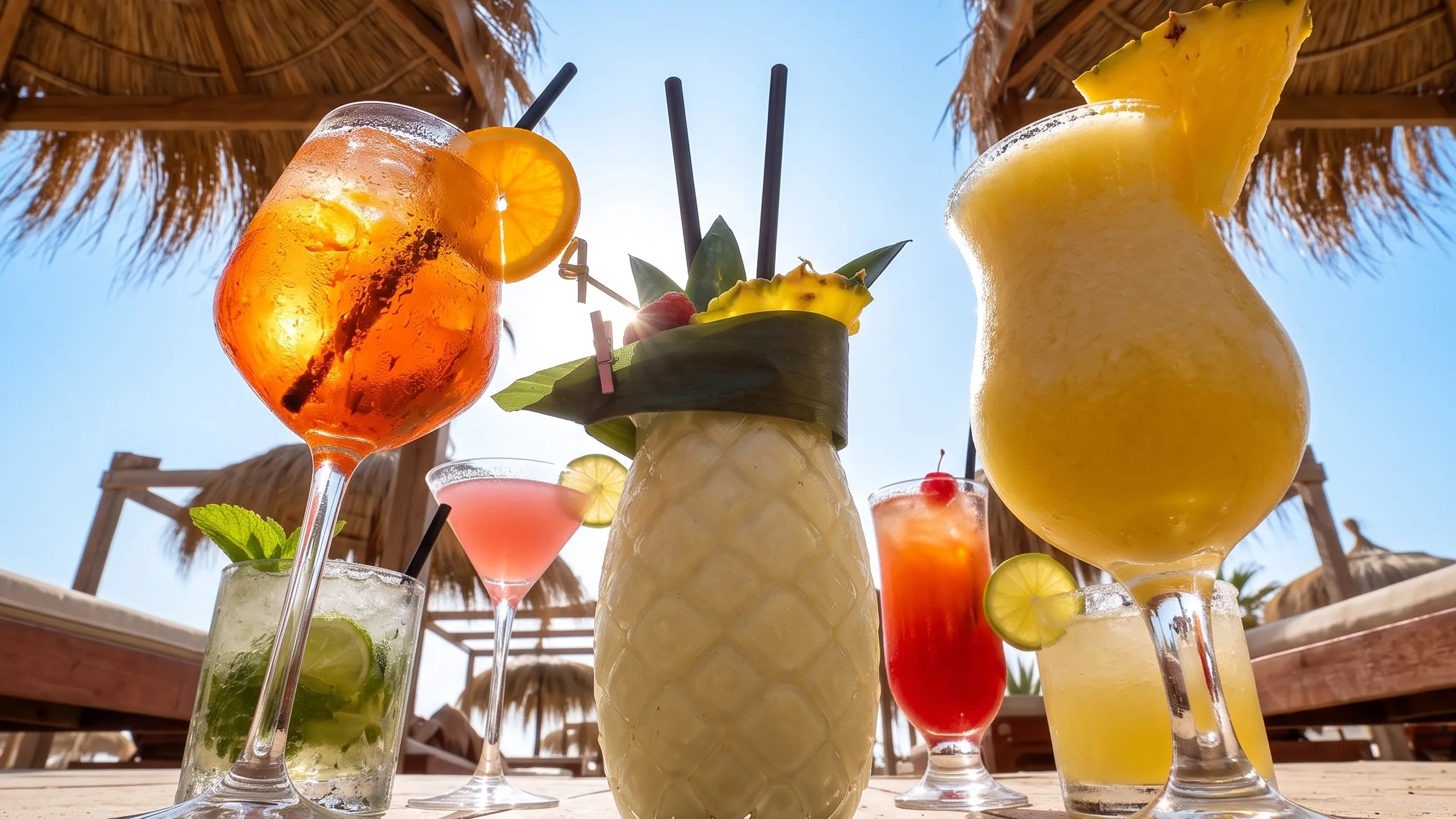 Cócteles bajo las sombrillas de paja del beach club en Marbella