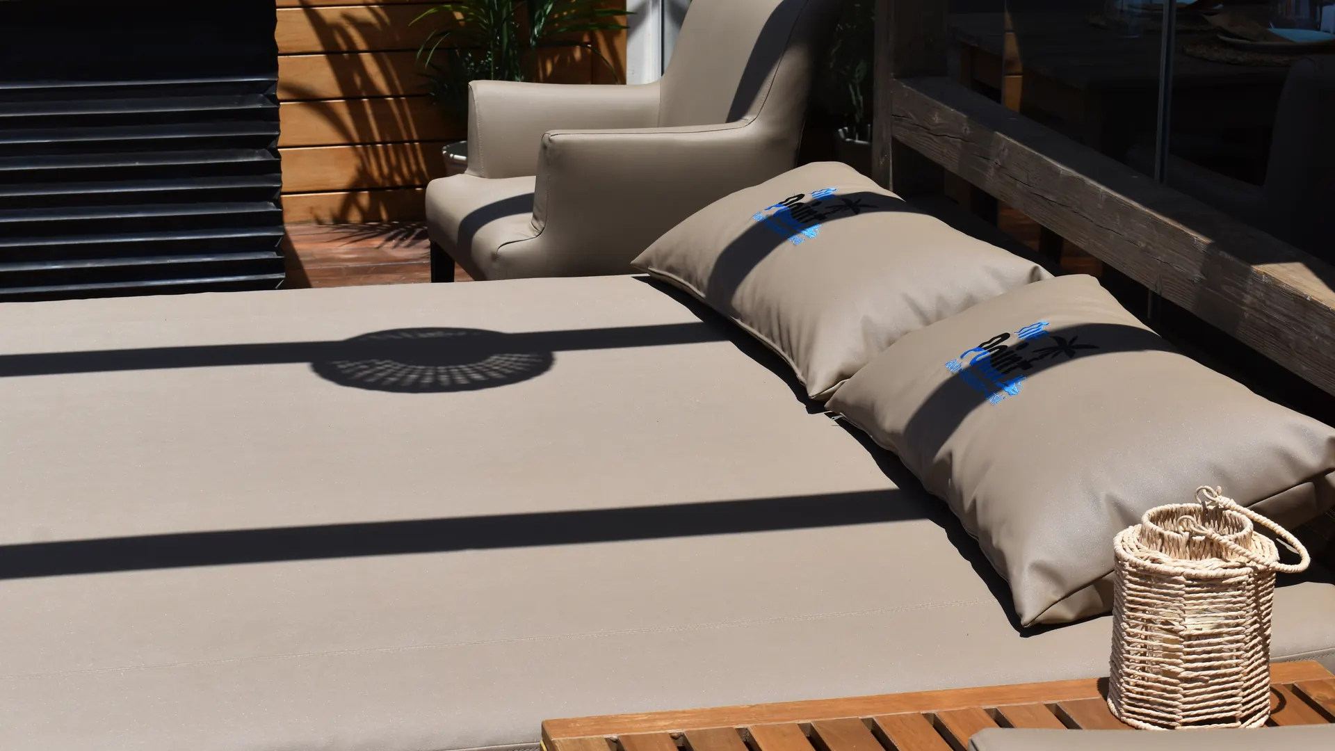 VIP daybeds by the sea at the beach club in Marbella
