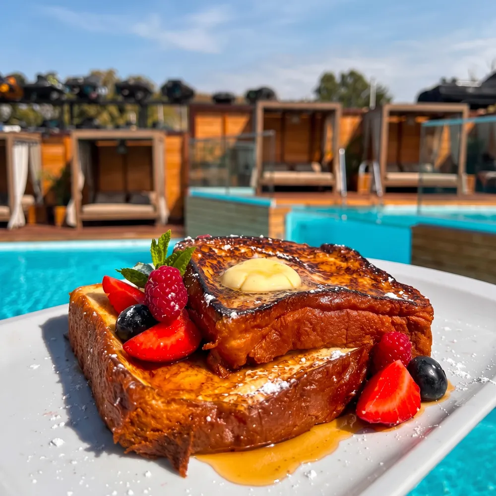 French toast with fruit for brunch by the pool in Marbella